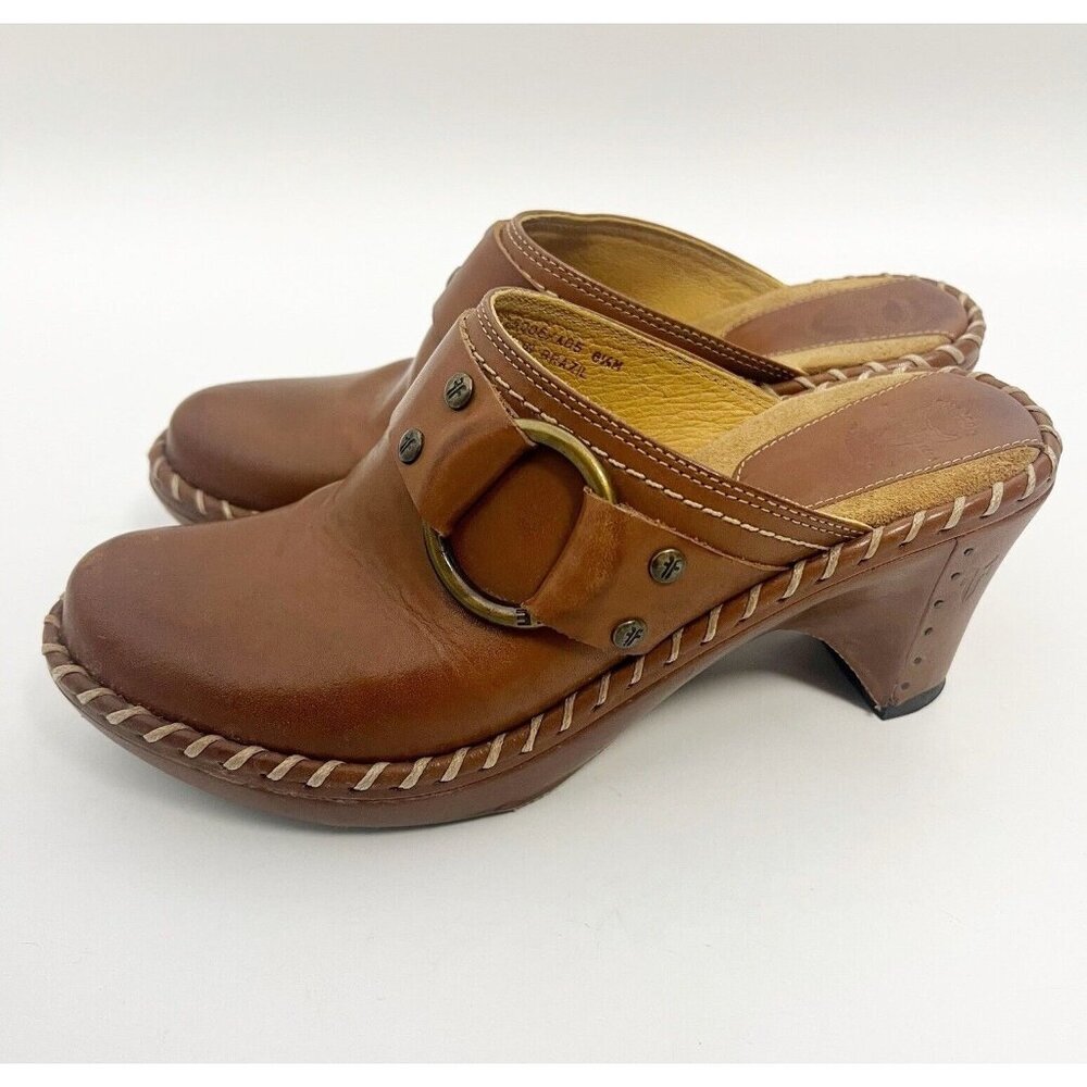 Frye Brown Leather Buckle Clog Mules